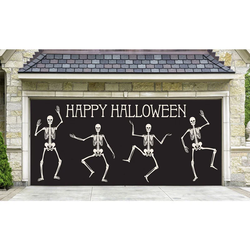7' x 16' Ivory and Black Double Car Halloween Garage Door Banner