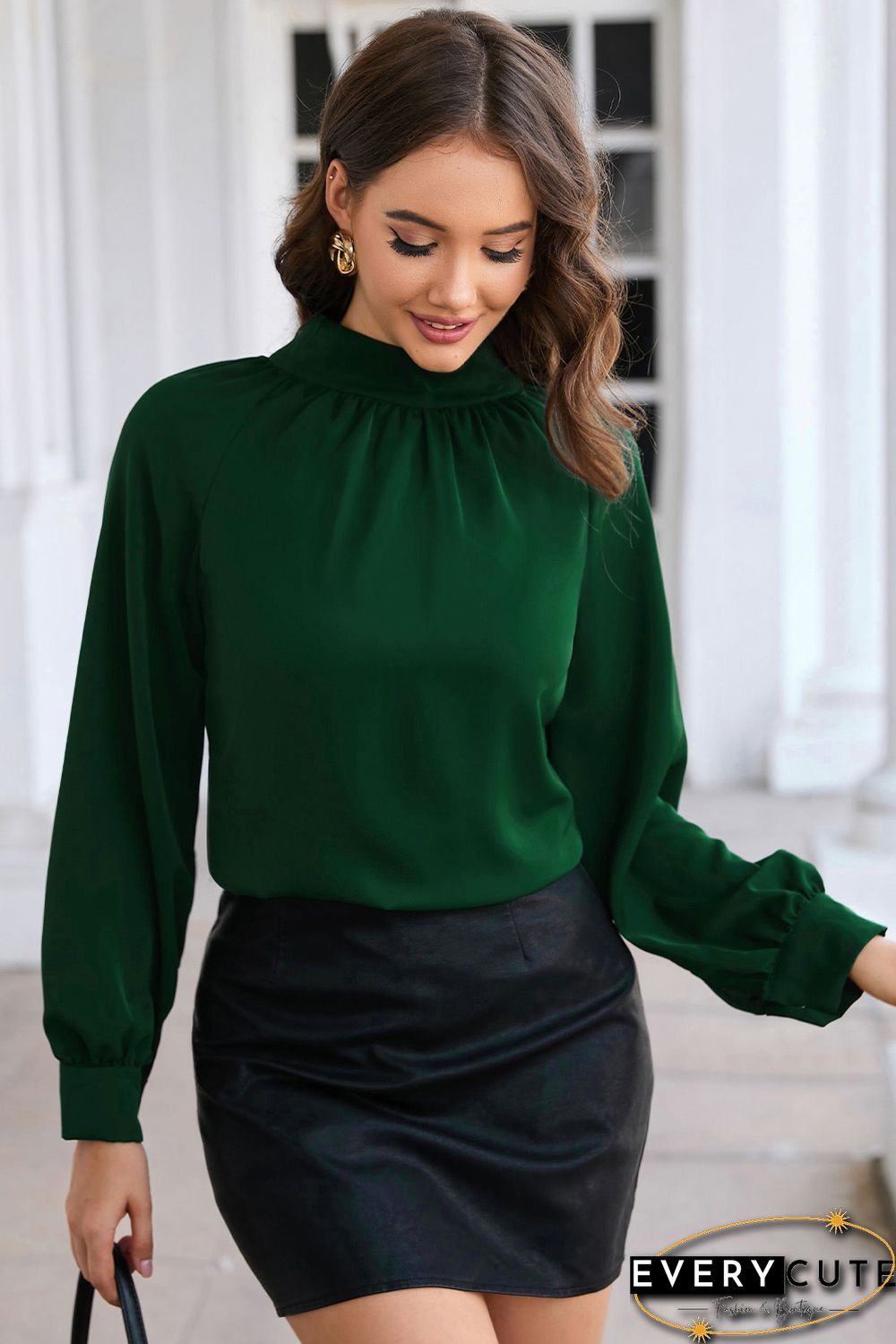Green Cutout Back Ruched Mock Neck Blouse