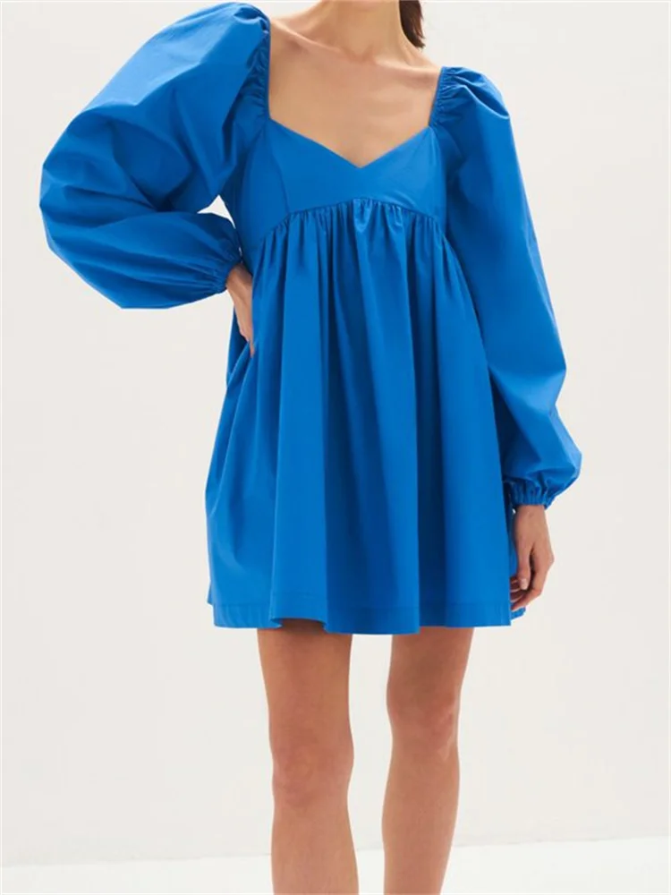 Women Long Sleeve Dress Solid Color Loose Casual Style Spring Autumn High Waist Short Mini Pleated Dress Vestidos New