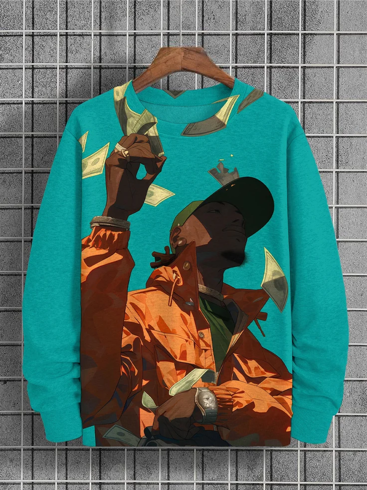 Men's Black Man Money Hip Hop Art Print Casual Sweatshirt