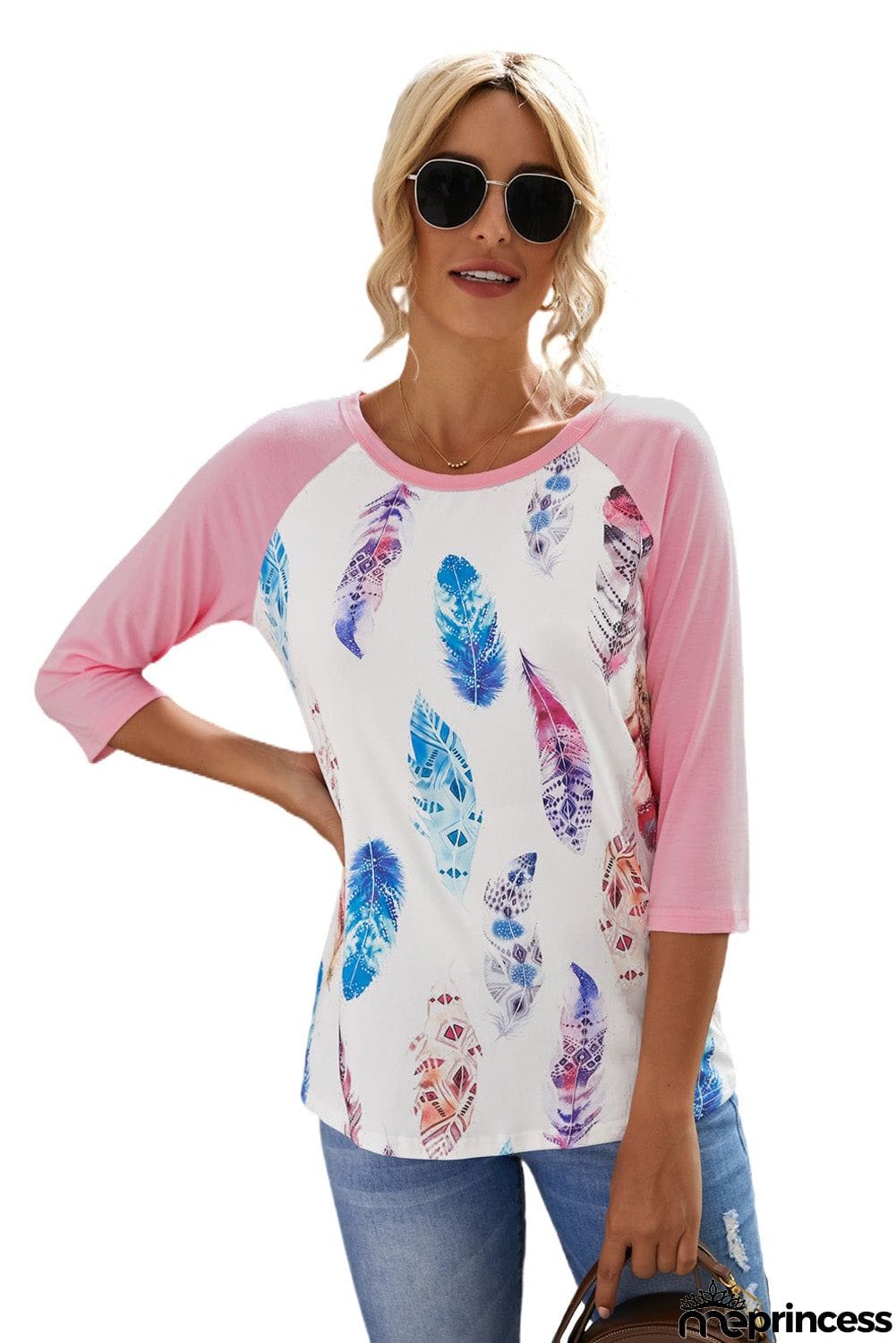 Feather Print 3/4 Raglan Sleeve Top