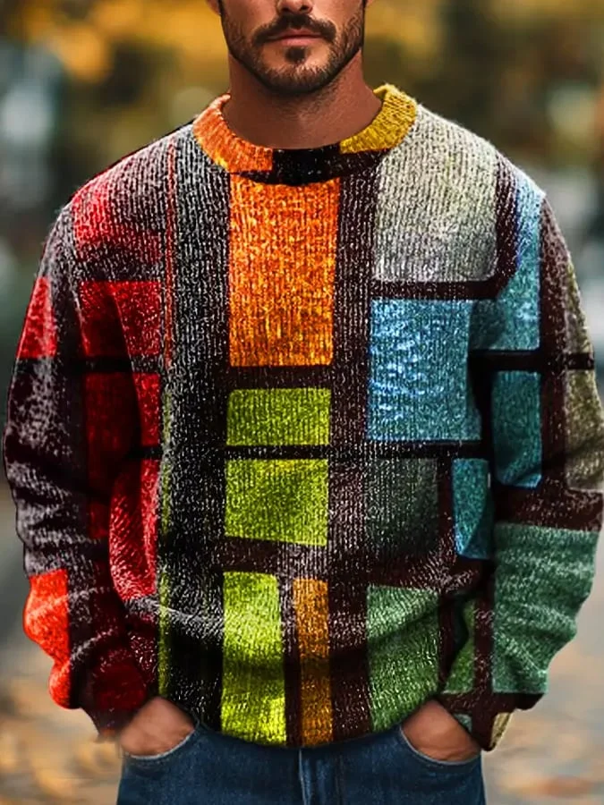 Gentleman's Vintage Multicolor Abstract Gradient Art Printed Knit Crew Neck Pullover