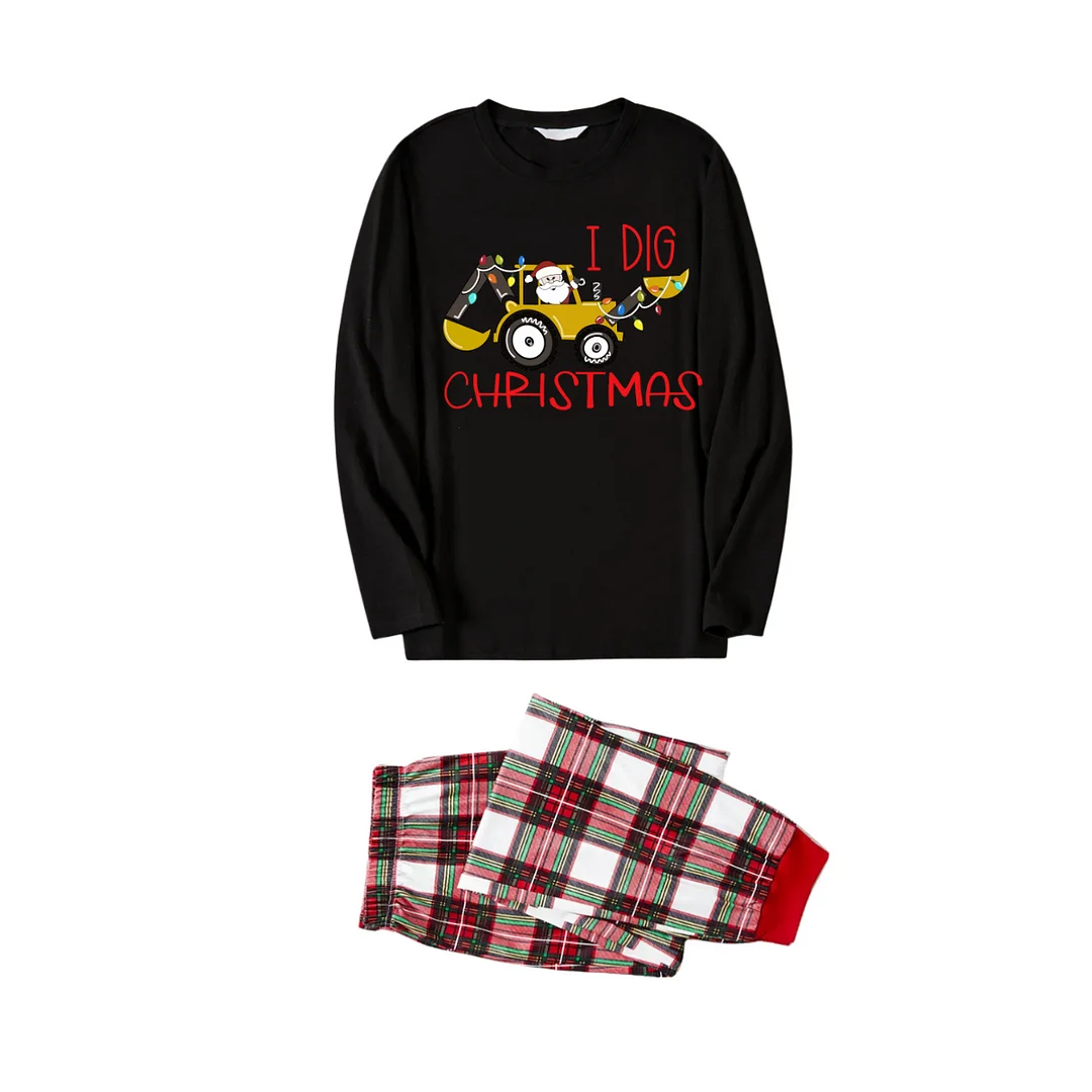 Christmas Excavator Print Black Long Sleeve Top with Red & White & Green Plaid Family Matching Pajamas