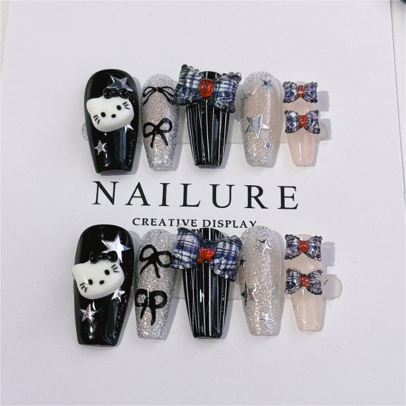 Oncedot 10Pcs Sanrio Press on Fake Nails Black 3D Bow Kawaii Long Coffin Nails Handmade korean Nail Full Cover Cute Acrylic Nail Tips