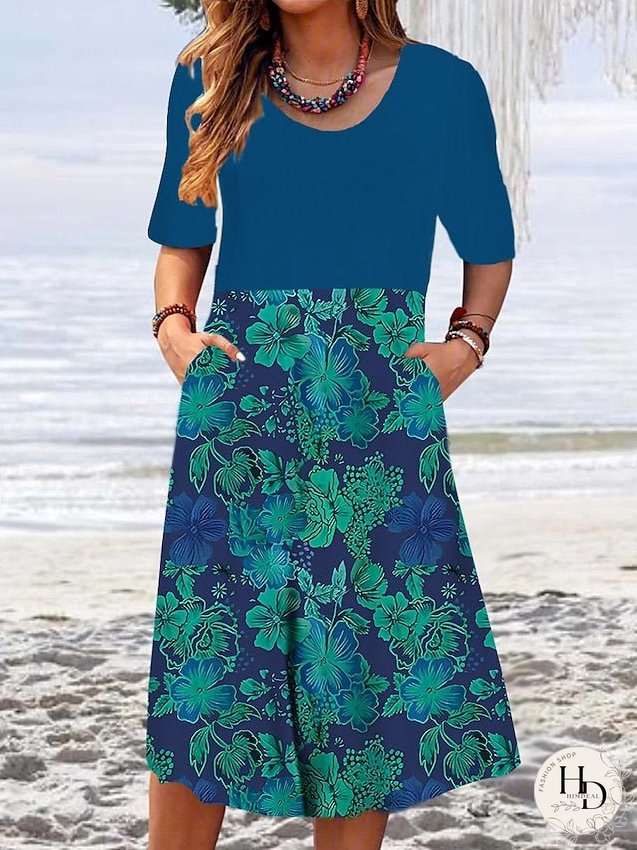 Casual Dress Floral Dress Summer Dress Graphic Floral Pocket Print Crew Neck Midi Dress Fashion Modern Daily Holiday Short Sleeve Loose Fit Aqua Blue White Light Green Summer Spring S M L XL for Women