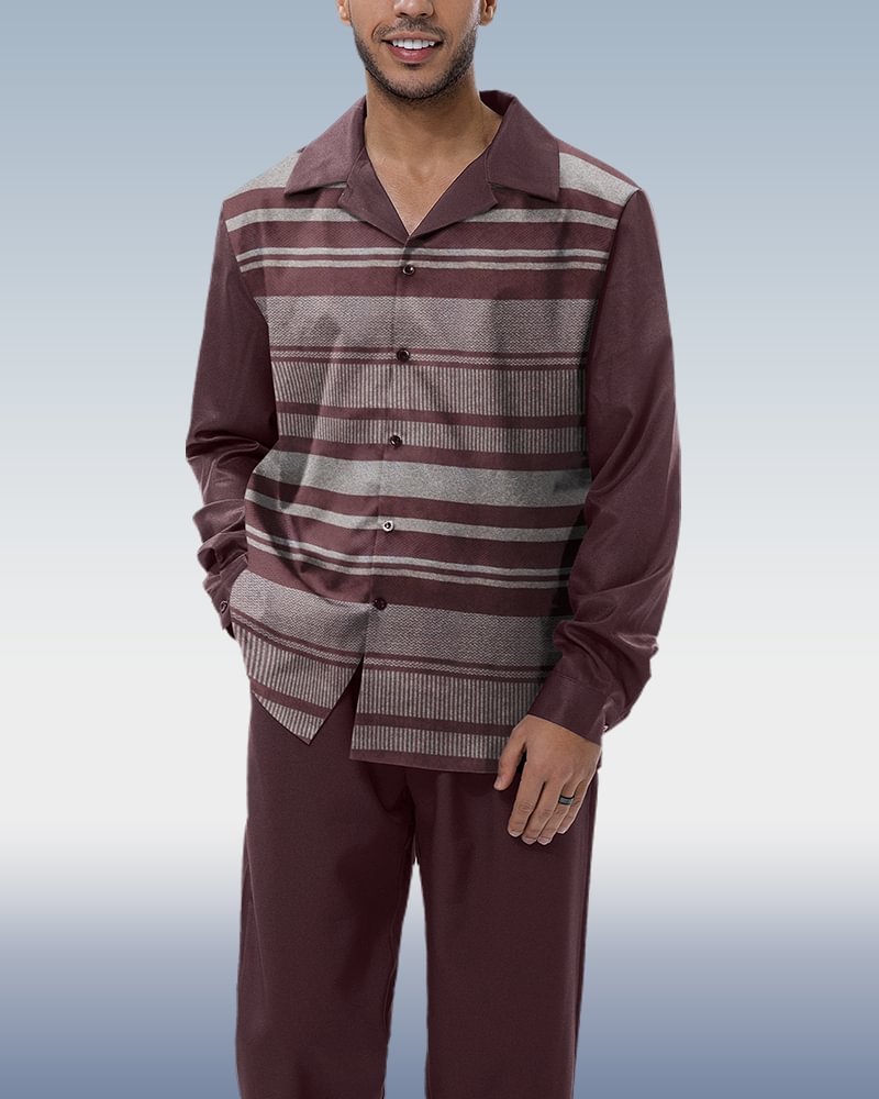 Line Print Casual Long Sleeve Shirt Walking Suit 001
