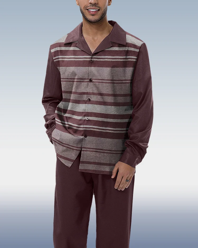 Suitmens Line Print Casual Long Sleeve Shirt Walking Suit 001