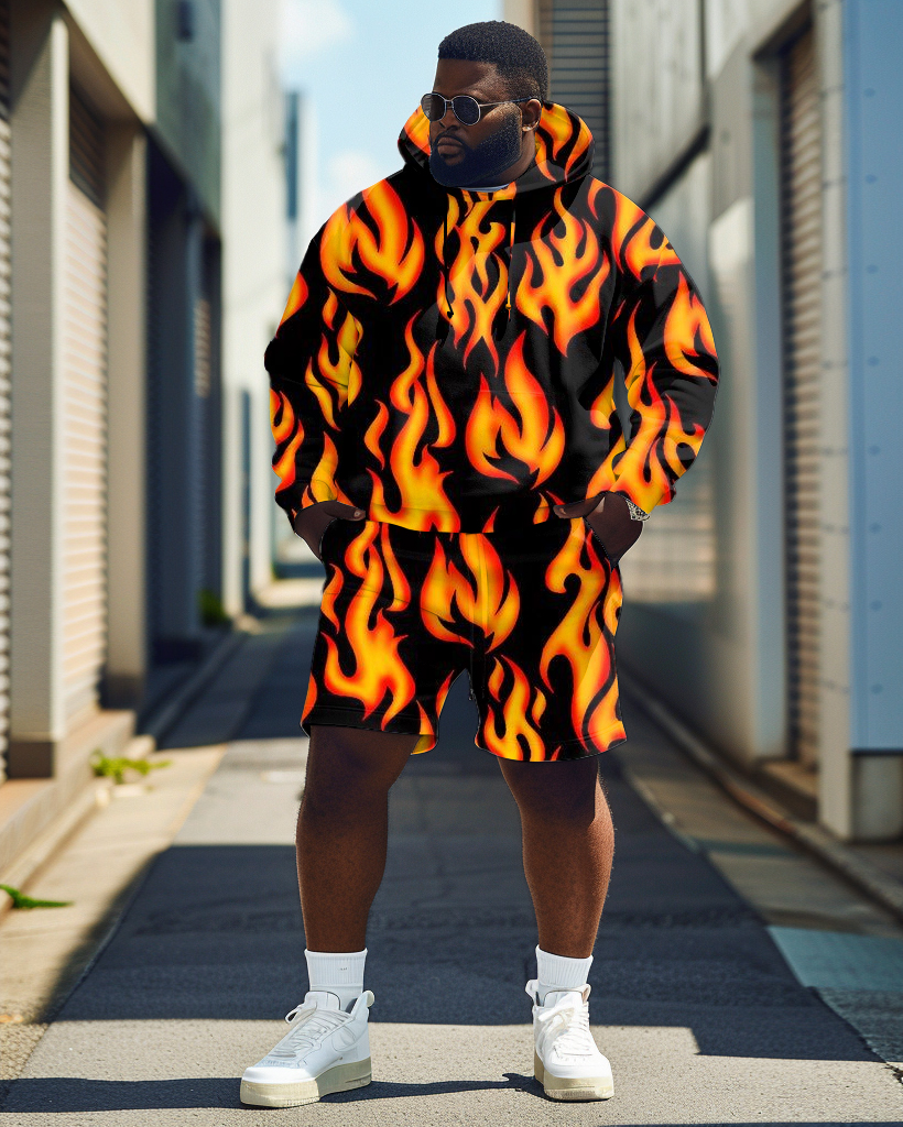 Men's Flame Pattern Hoodie Shorts Two-Piece Plus Size