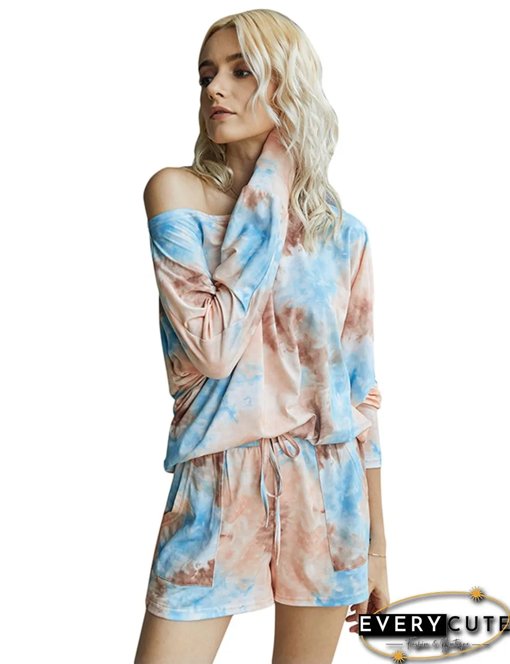 Orange Tie Dye 3/4 Sleeve Tops with Shorts Set