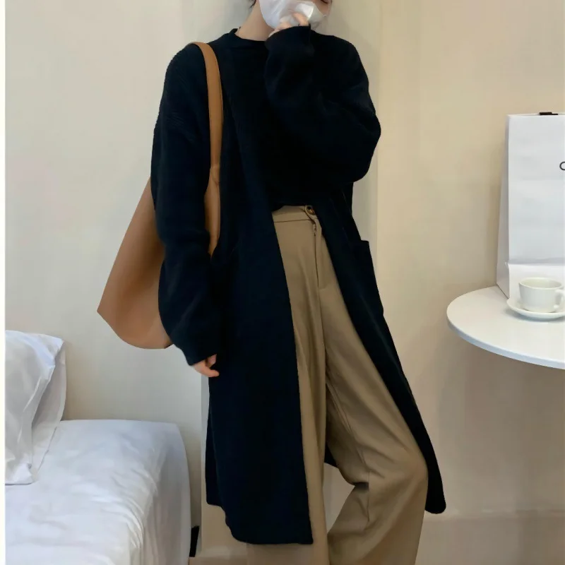 Toloer Toloer Winter Long Soft Milk Knit Cardigan Korean Version Loose Lazy Wind Big Pocket Temperament Soft Waxy Sweater Coat-Outfit Ideas