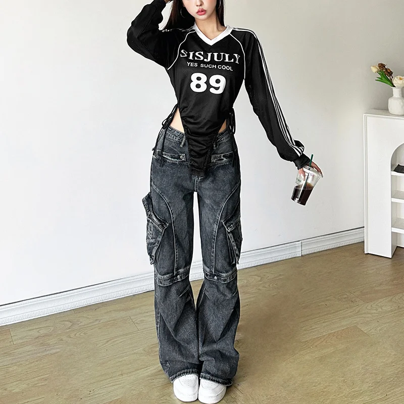 Uveng Autumn 2024 New Women's Unique Number Printing Side Striped Pull Rope Design Top