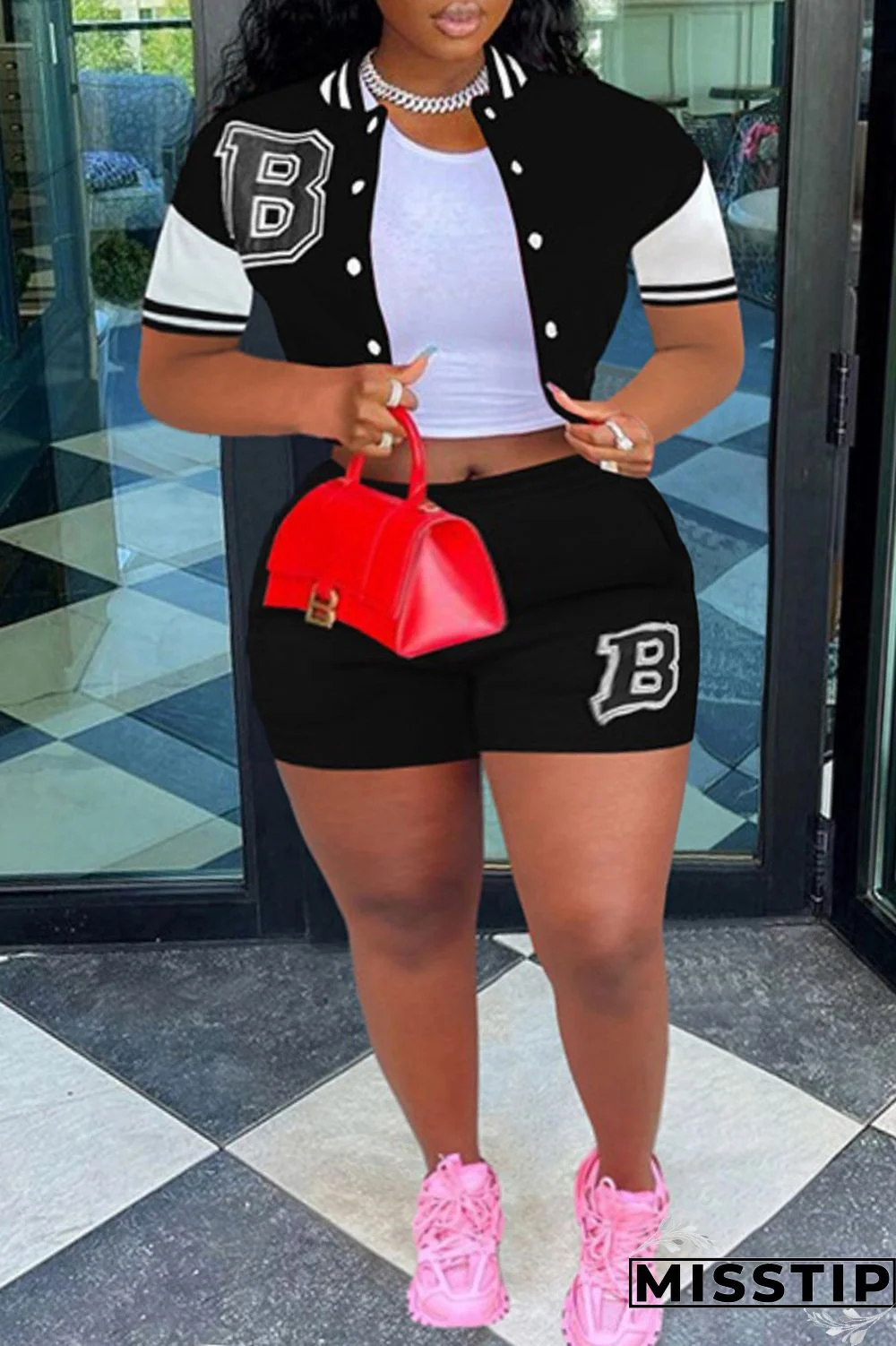 Black Fashion Casual Letter Patchwork Plus Size Two Pieces