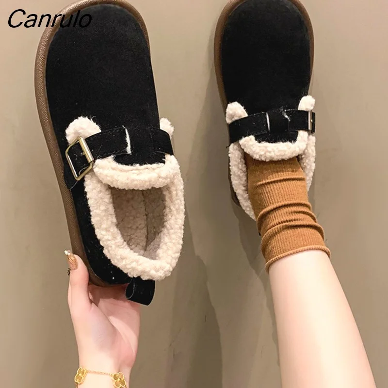 Canrulo Women's 2022 Autumn and Winter New Fashion Solid T Buckle Frosted Surface with Lamb Fleece Warm and Non Slip Flat Cotton Shoes