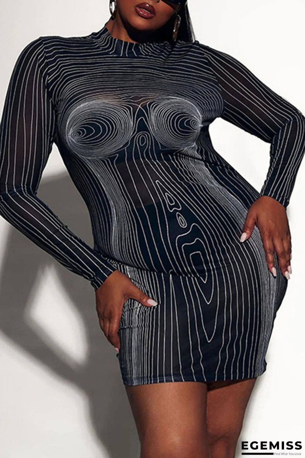 Black Sexy Print Patchwork See-through Half A Turtleneck Pencil Skirt Dresses | EGEMISS