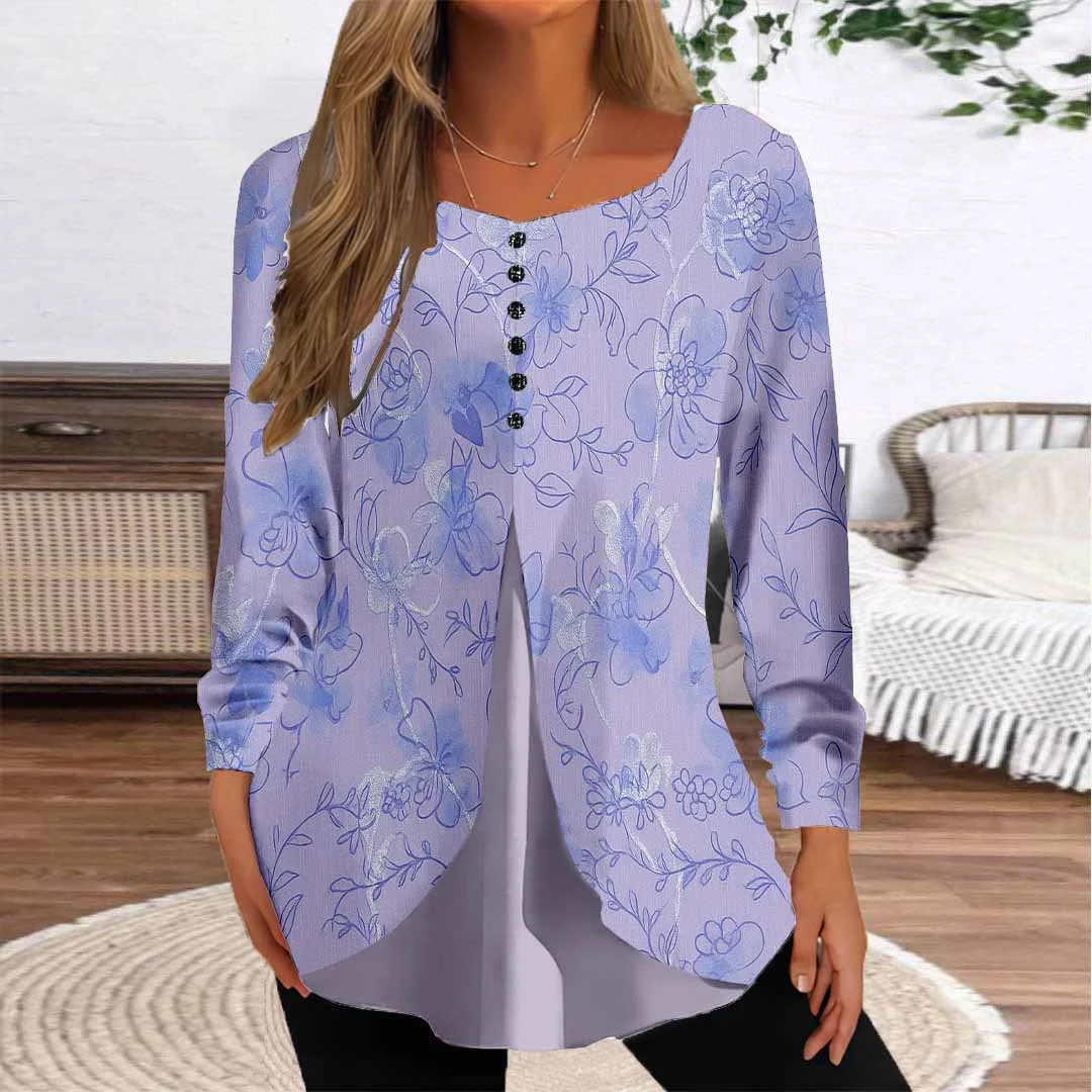 Women Floral,Purple DZGG8310 Long Sleeve Scoop Neck Printed Graphic Button Fake 2in1 Tops