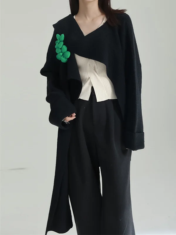 Asymmetric Three-Dimensional Flower High-Low Long Sleeves Round-Neck Cardigan Tops