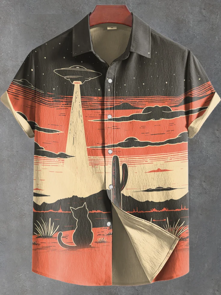 Men's Black Cat Waiting For UFO Retro Future Art Linen Blend Shirt