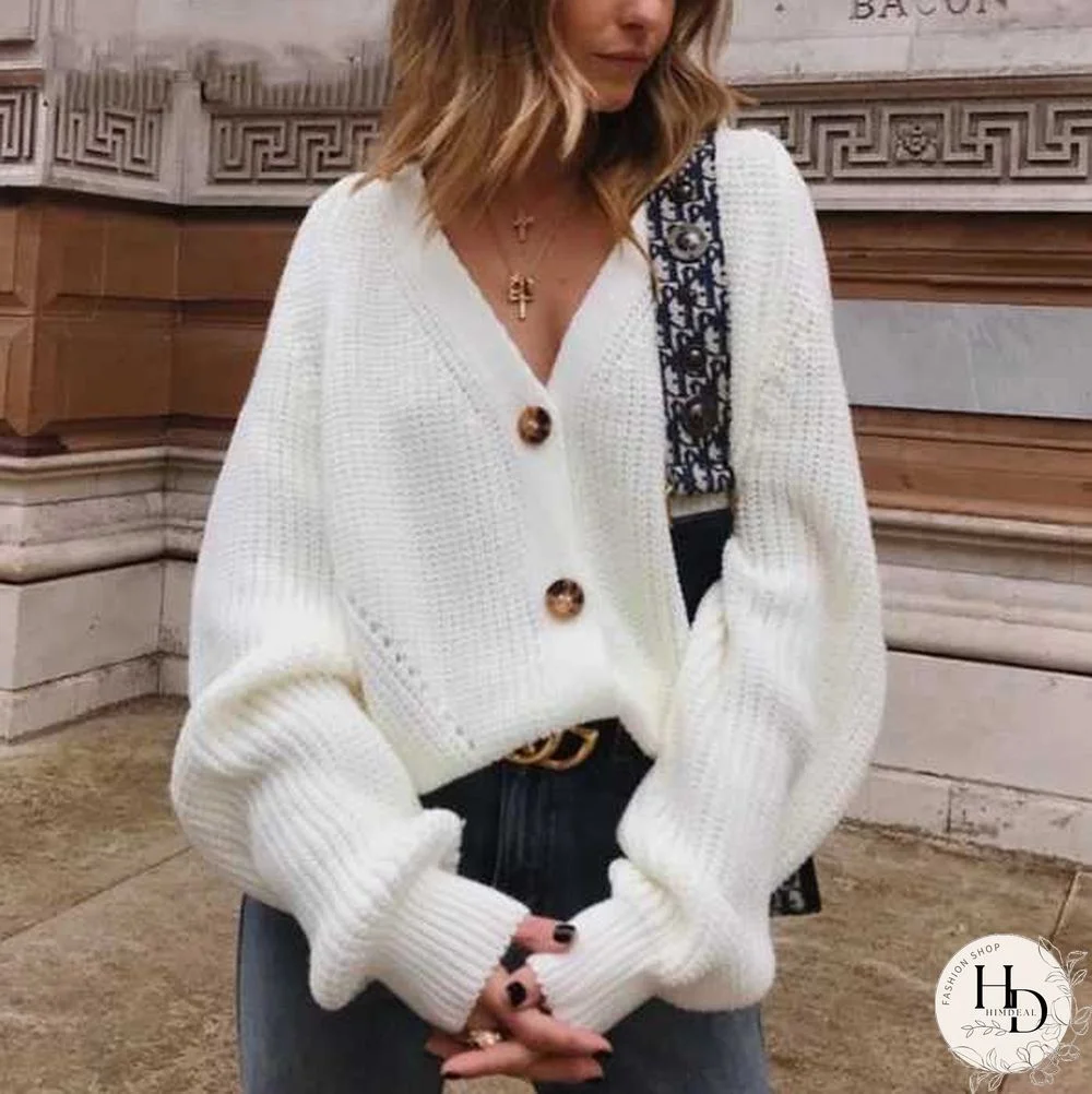 Chunky Oversized Big V Neck Button Up College Sweater For Women