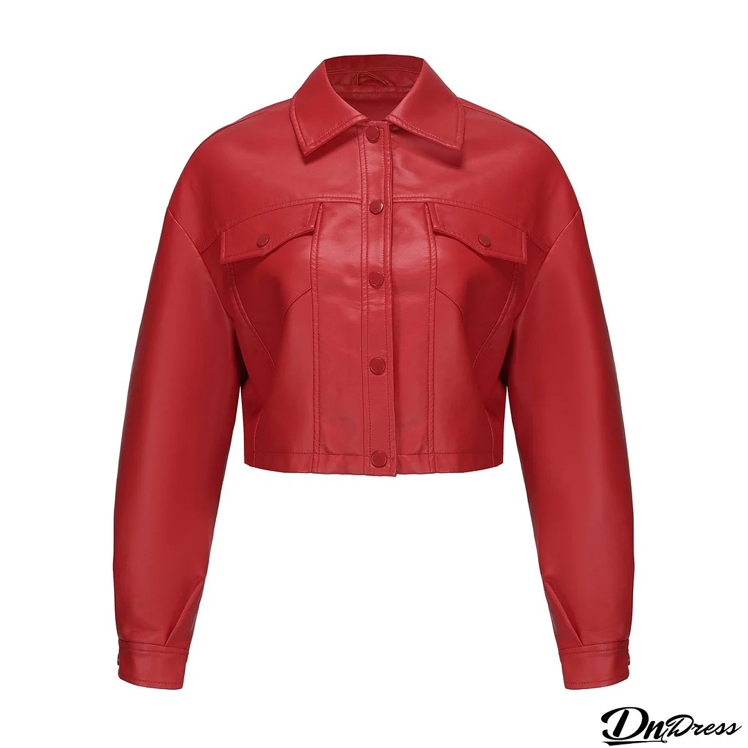Women Loose Casual Long-sleeved Single-breasted Turndown Collar Crop Jacket