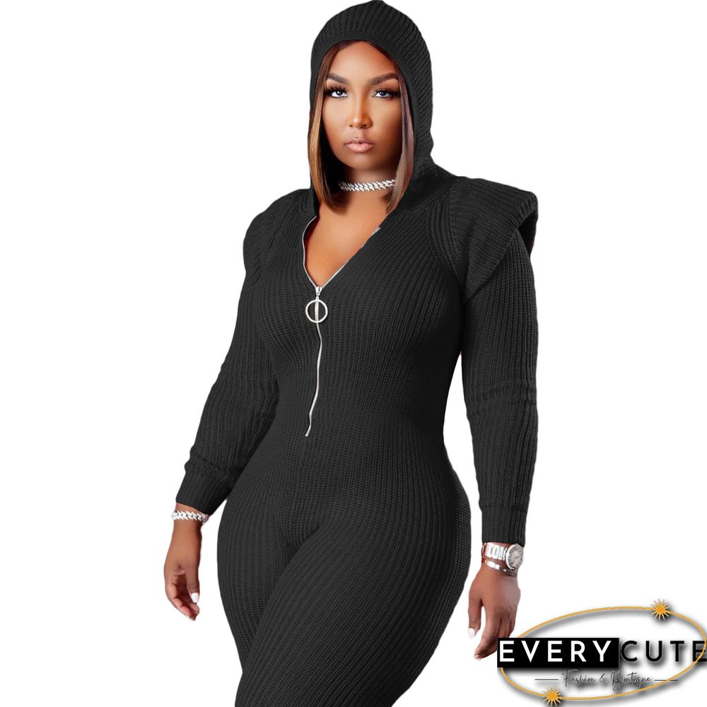 Knitted Long Sleeve Shoulder Padded Hooded Jumpsuit