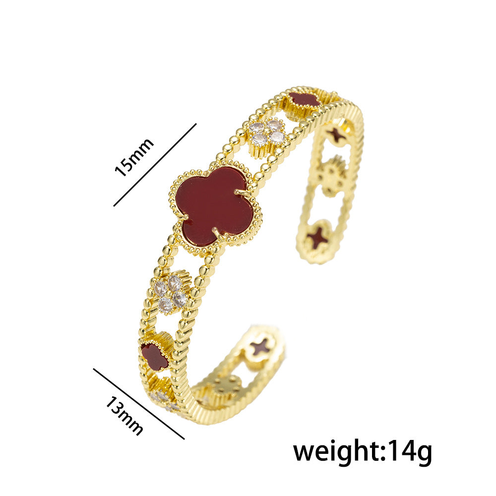 Personalized Trendy Micro-Inlaid Zircon Mother-Of-Pearl Flower Hollow Open Bracelet Versatile Women