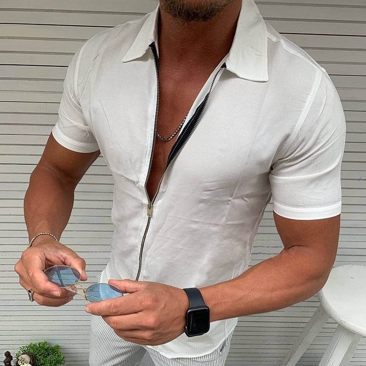 BrosWear Solid Color Casual Zip Short Sleeve Shirt