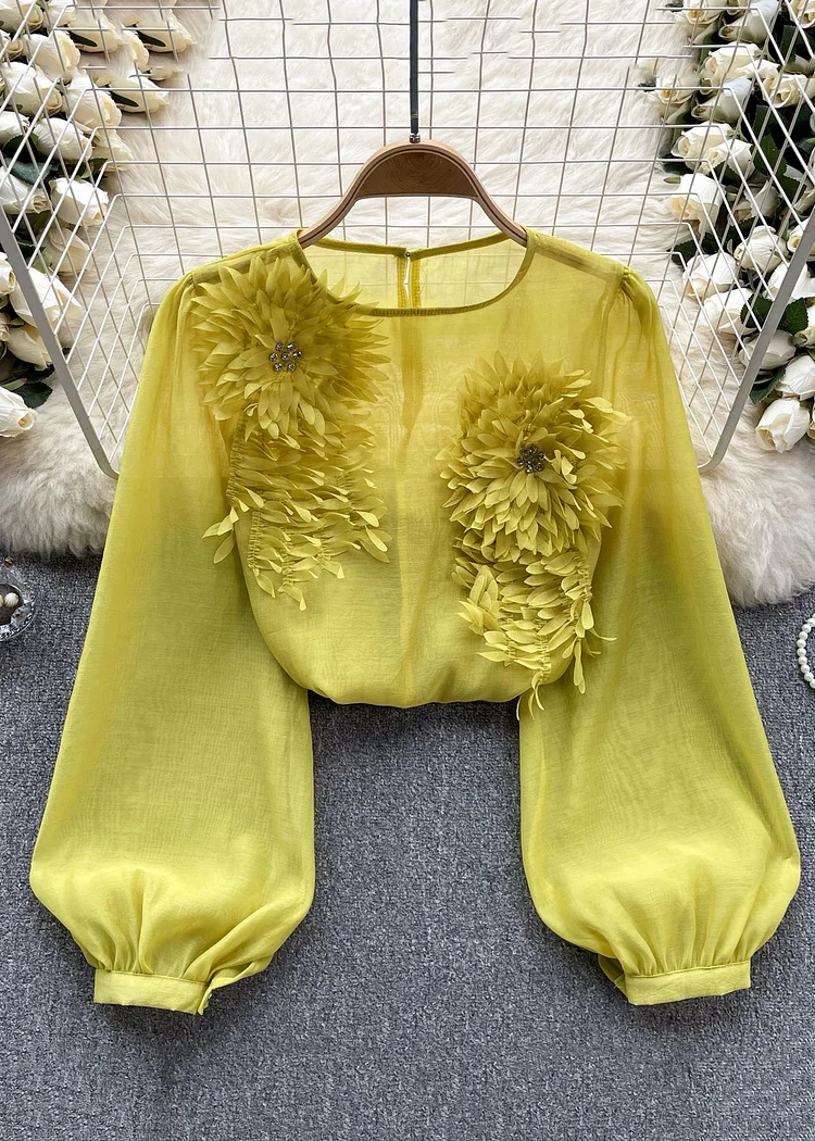 Floral Yellow O Neck Solid Chiffon Shirts Long Sleeve