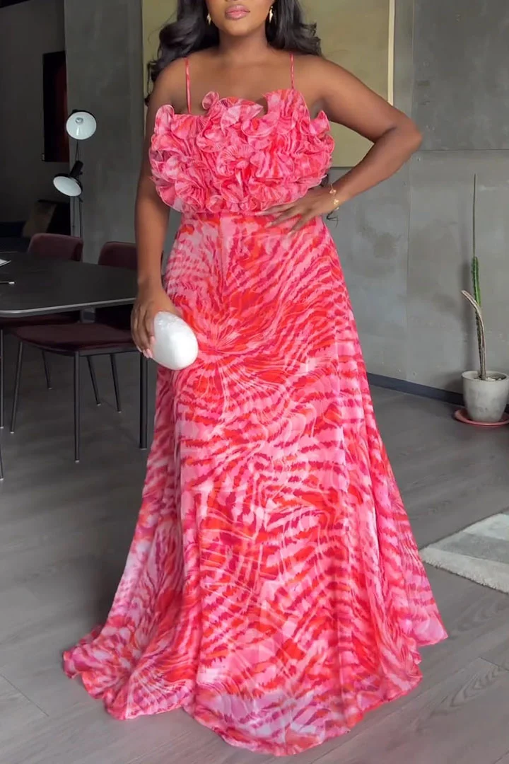 Ruffled Pattern Print Spaghetti Strap Formal Maxi Dresses [Pre Order]