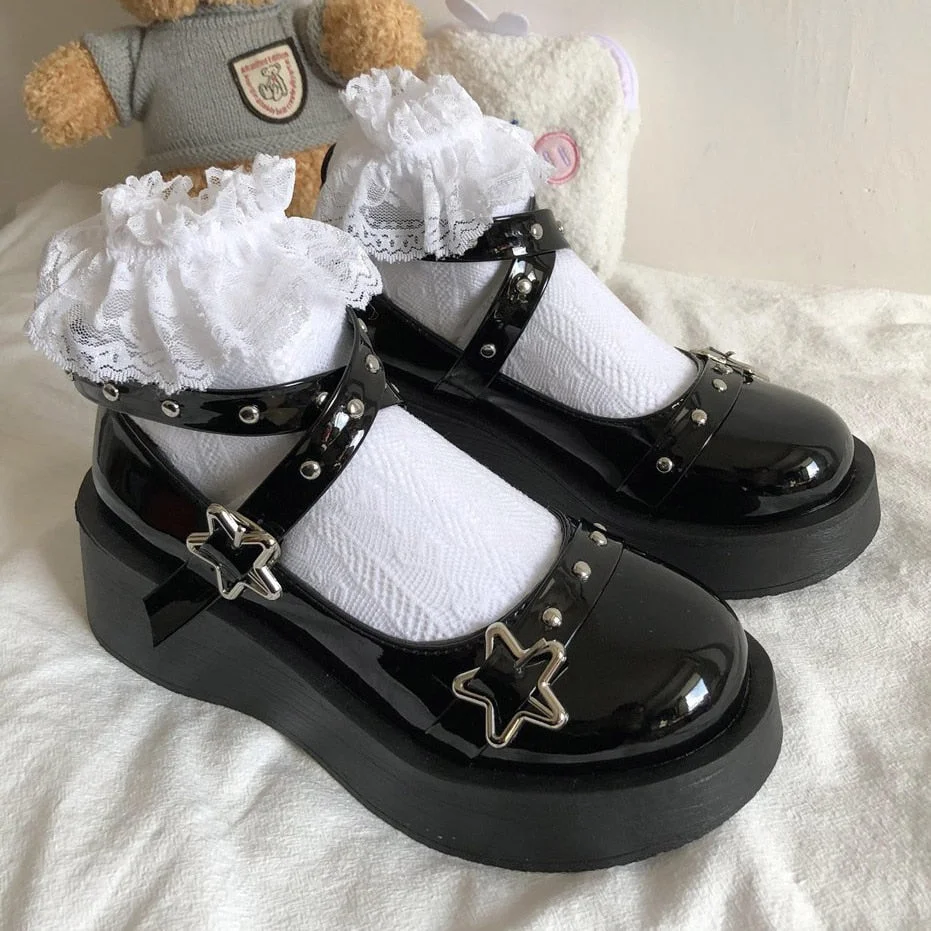 Japanese Lolita Shoes Star Buckle Strap Mary Janes Women Cross-tied Platform Shoe Patent Leather Girls Rivet Casual Shoes
