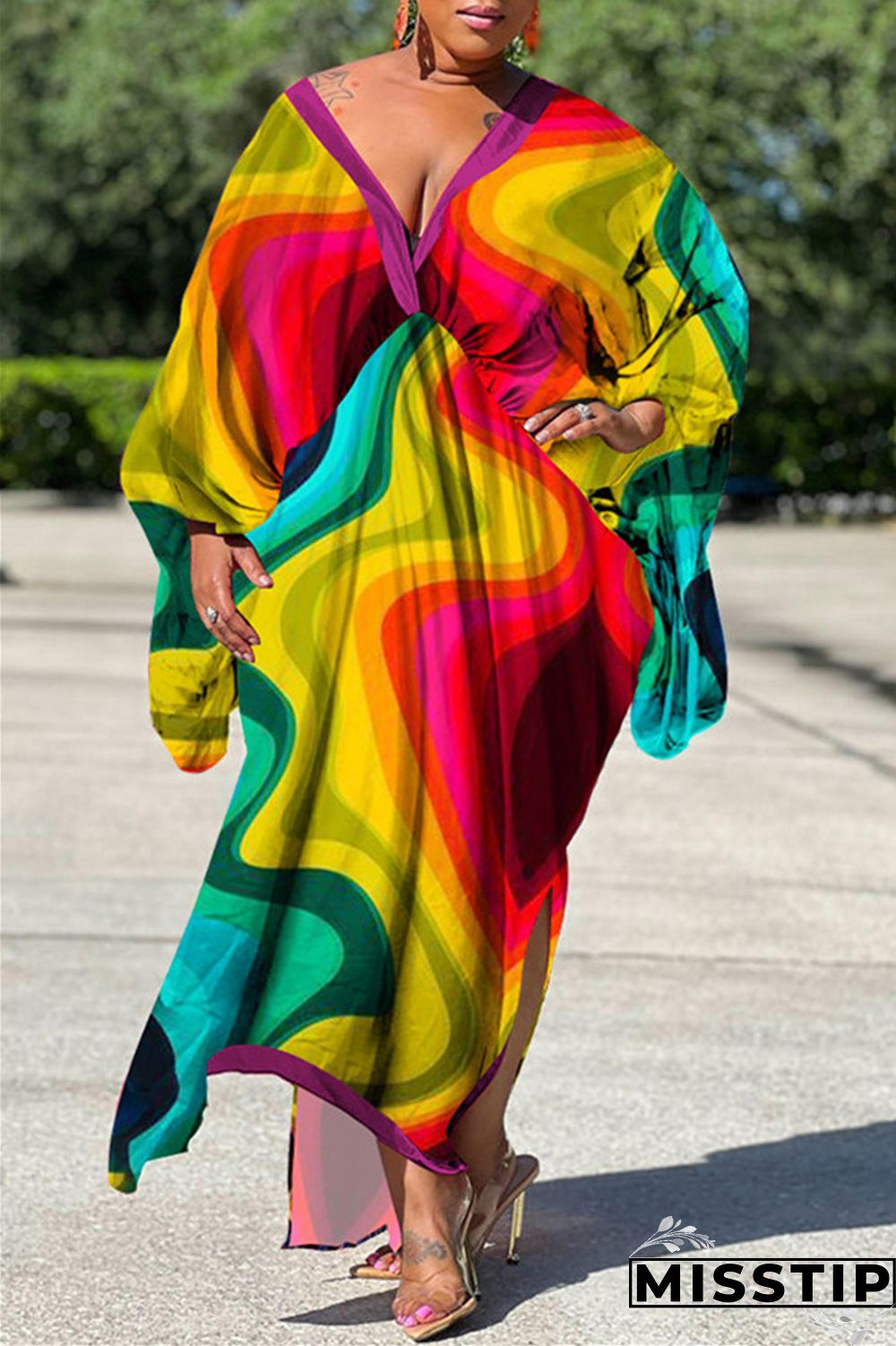 Red Gray Casual Print Patchwork V Neck Irregular Dress Plus Size Dresses