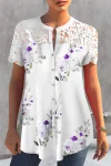 Plus Size Floral Print Lace Stitching Short Sleeve Button Up Blouse