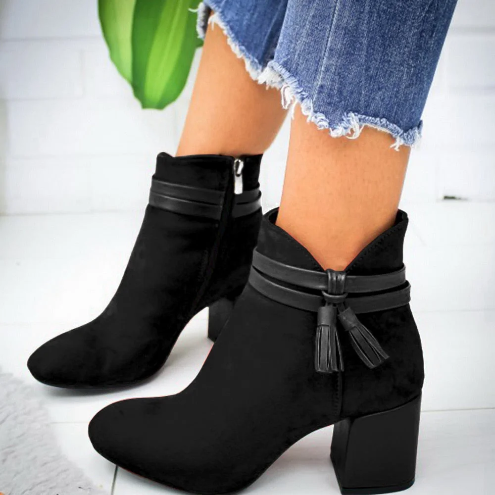 2020 Red Tassel Ankle Shoes  Women's Shoes Single Boots Autumn Winter Pointed Toe Thick with Short Boots
