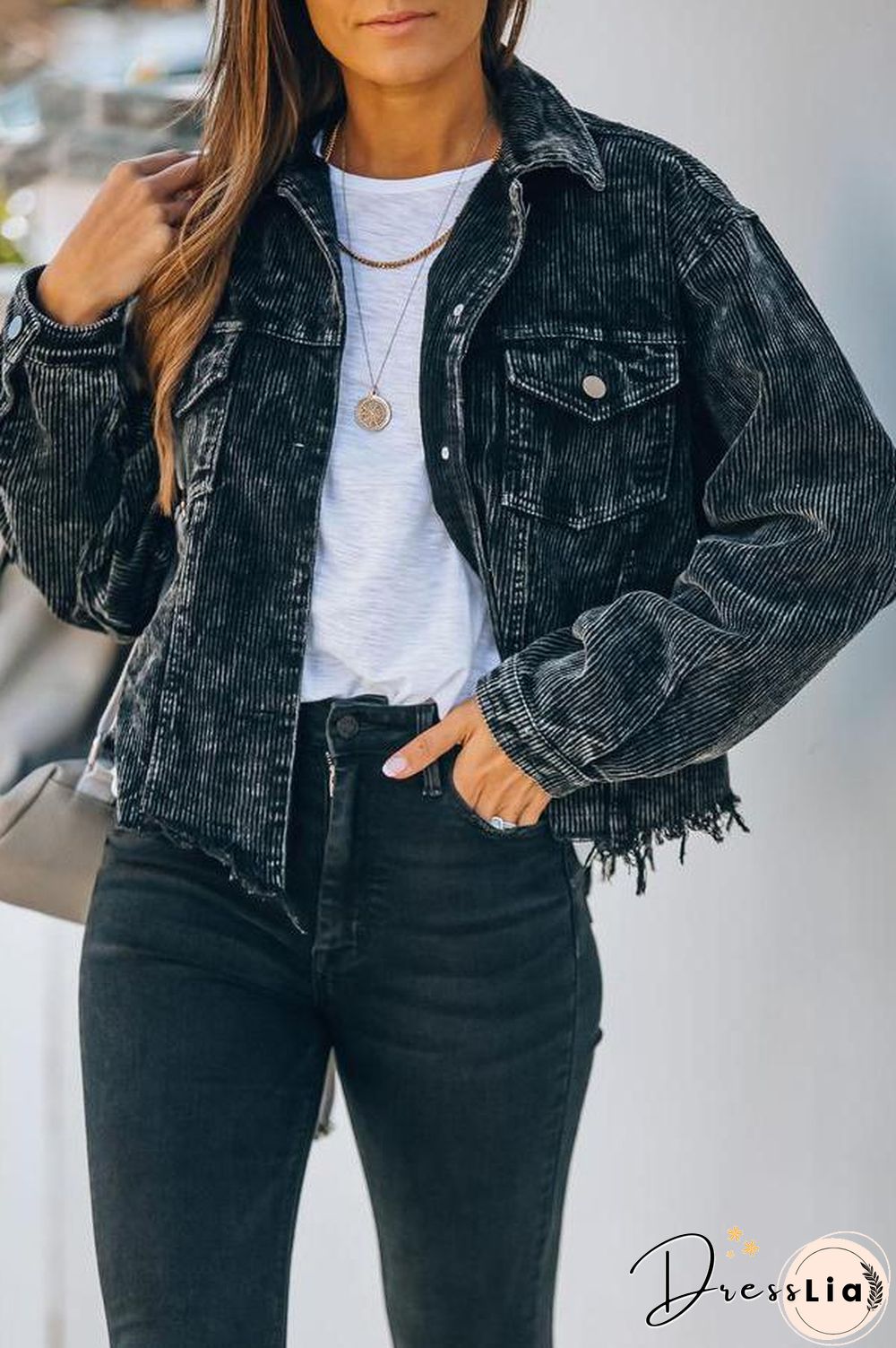 Frayed Hem Cropped Corduroy Jacket