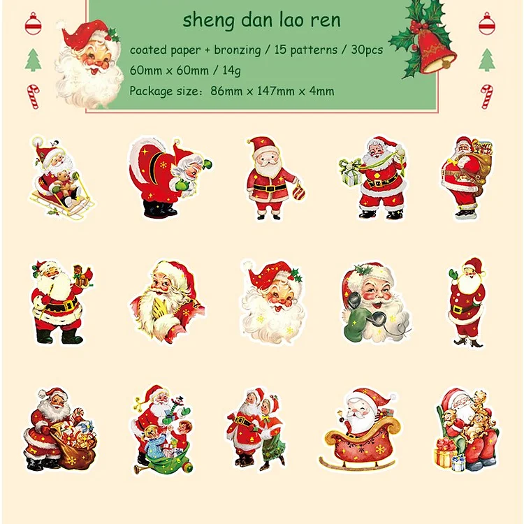 Journalsay 30 Sheets Kawaii Santa Claus Decor Material Sticker