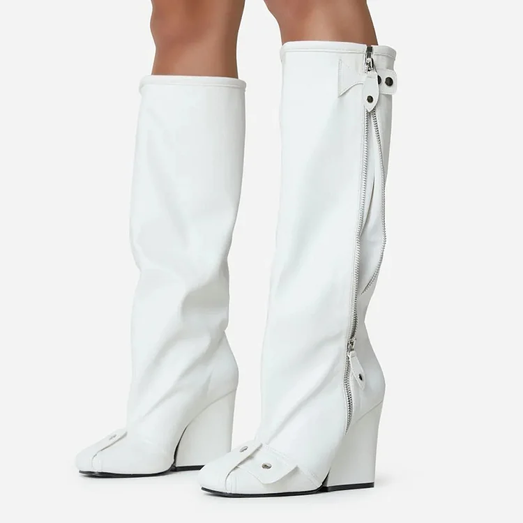 White Vintage Buckle Zipper Wide-Calf Knee High Boots with Wedges |FSJ Shoes