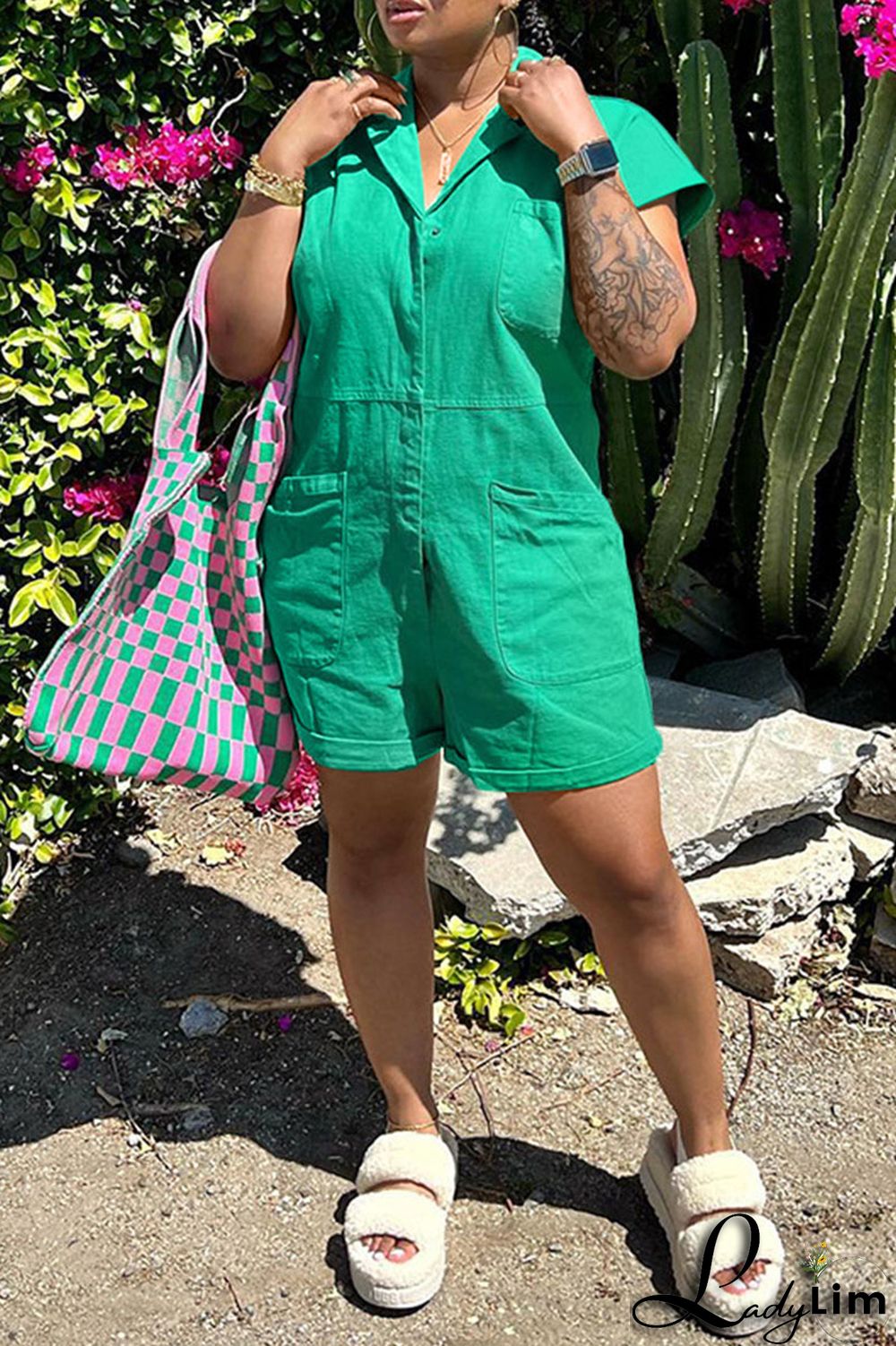 Pink Fashion Casual Solid Patchwork Turndown Collar Regular Romper