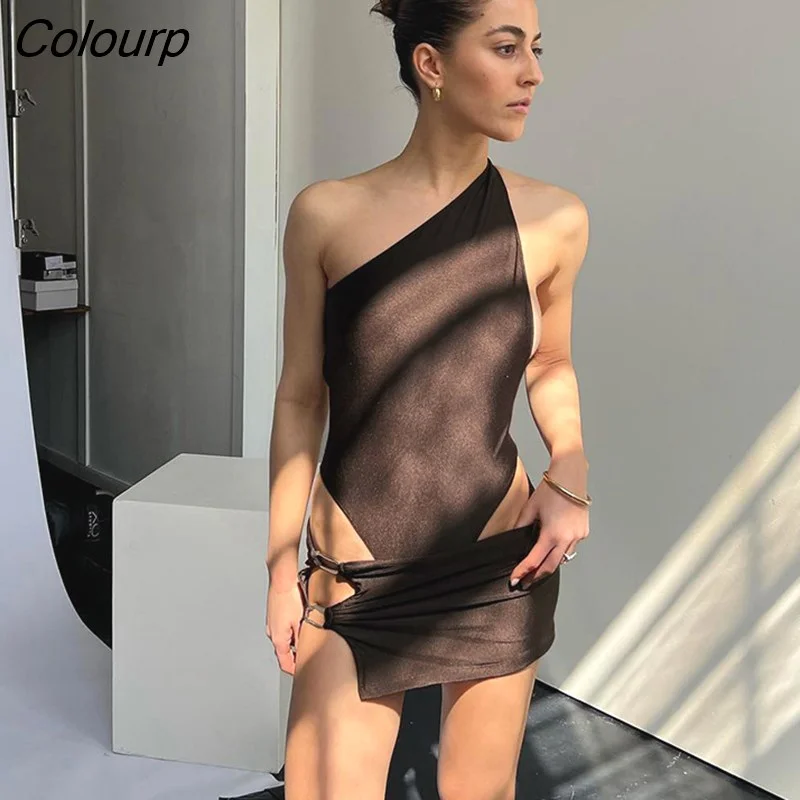 Colourp Backless One Shoulder Mini Dress Set Hollow Out Sexy Bodysuit And High Waist Short Skirt Summer Beach Bodycon Outfits