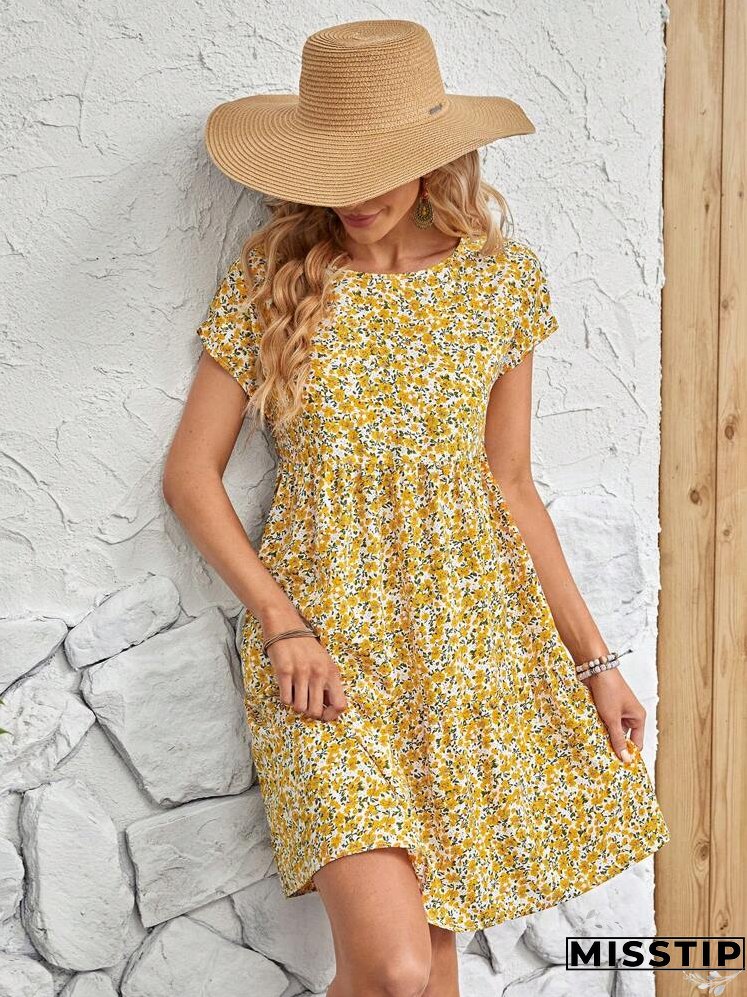 Ditsy Floral Print Batwing Sleeve Smock Dress