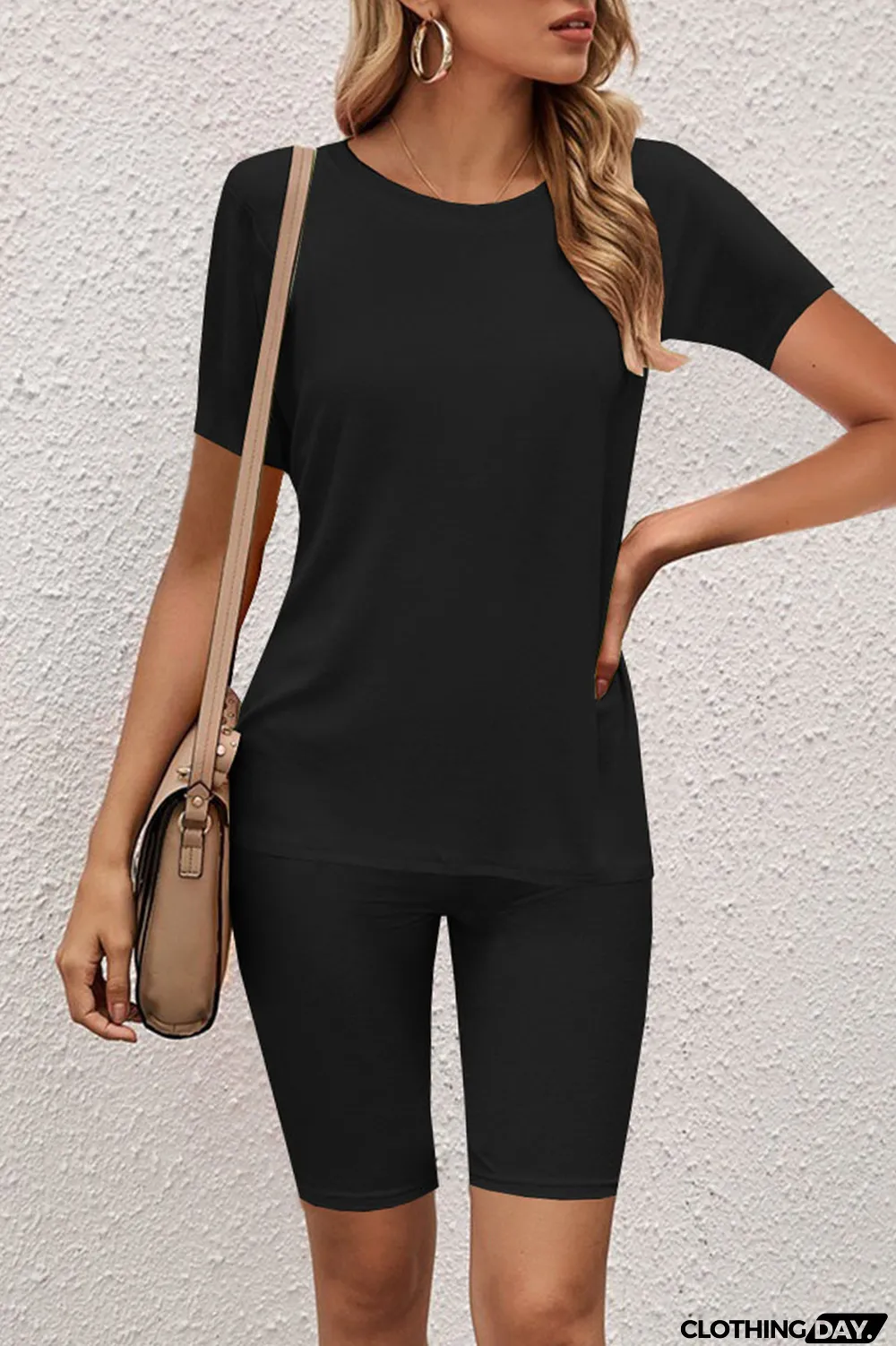 Black Casual Solid O Neck Short Sleeve Two Pieces