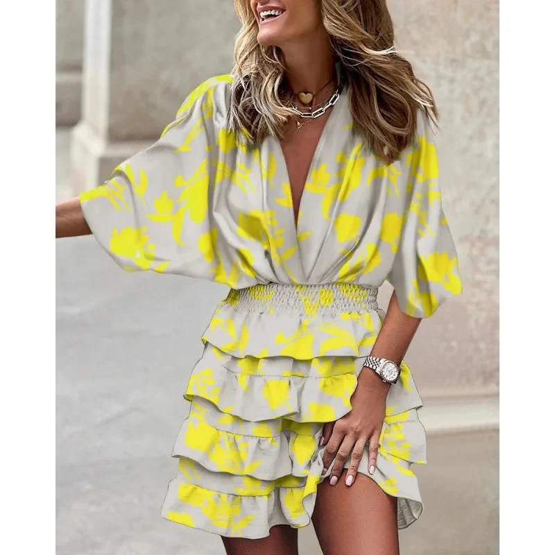 Oocharger Ruffles Office Lady Dress Sexy V-neck Half Sleeve Boho Print Mini Dresses For Women 2024 Spring Autumn Robe Femme