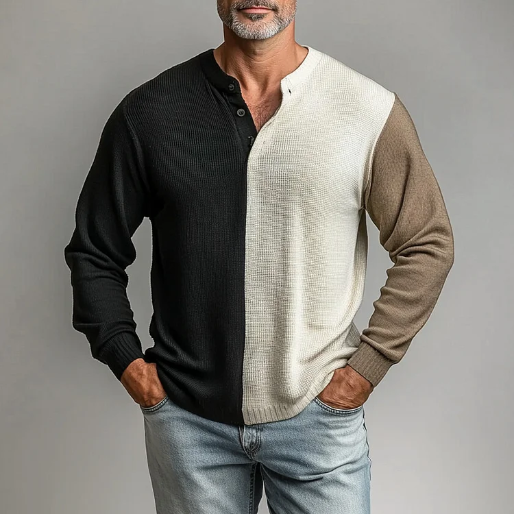 Men's Color Blocks Half Button Long Sleeve Knit Henley Shirt