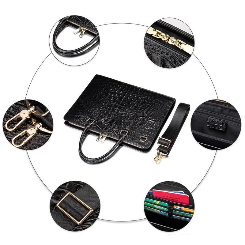 Vintage Genuine Leather Crocodile-Textured Style Top-Handled Business Bag