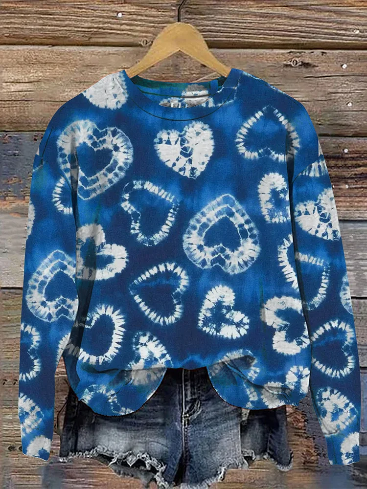 Valentine's Day Tie Dye  Blue Heart Patter Pattern Crew Neck Sweatshirt