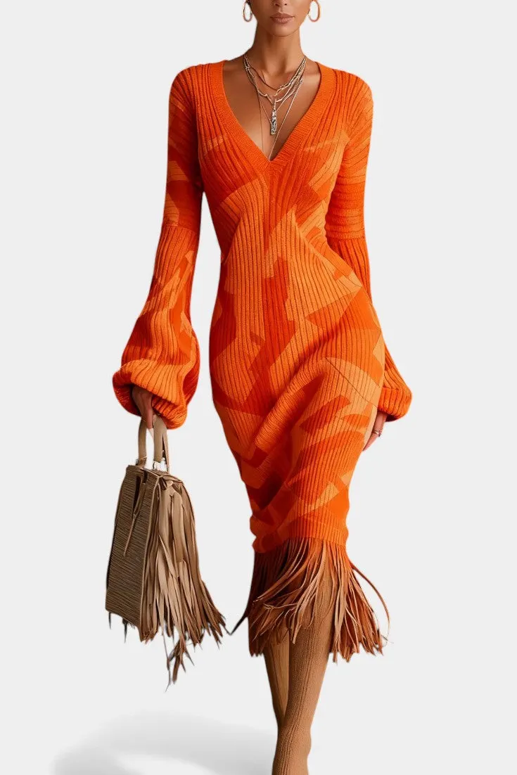 V-Neck Fringe Midi Dress with Bell Sleeves