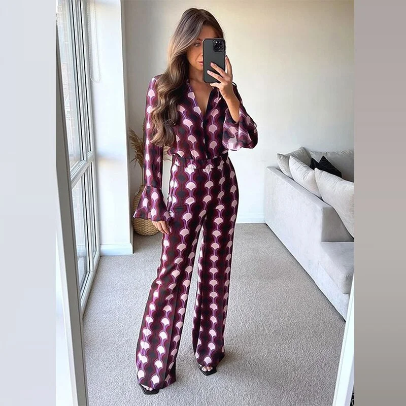 Print Vintage 90'S Women Outfit Trouser Suit Flare Sleeve Co-ord Notched Long Oversized Shirt High Waist Straight Pant