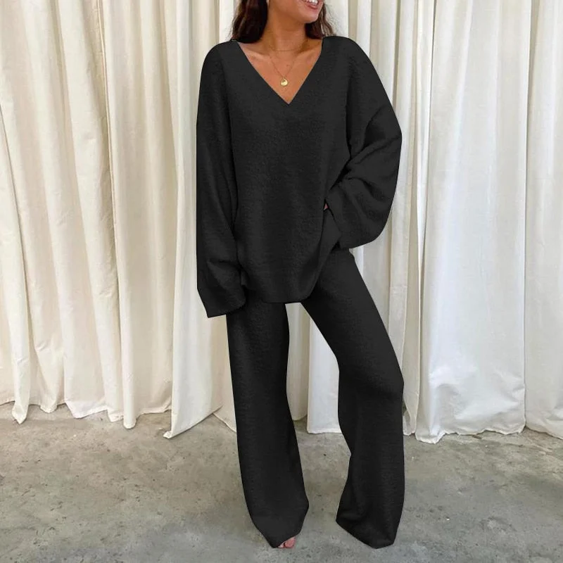 ZANZEA 2pcs Women Autumn V Neck Long Sleeve Blouse Suits Matching Sets Casual Loose Wide Leg Trousers Sets Solid Homewear Suits