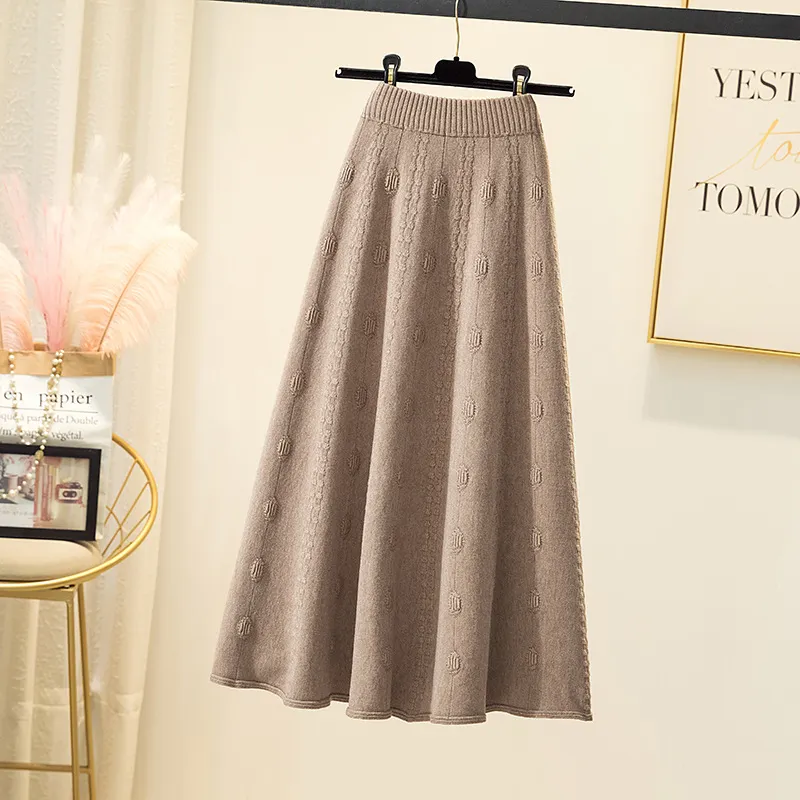 Churchf Churchf And Winter 2023 With Sweater High-Waist Jacquard Long Knitted Half-Length Umbrella Skirt Temperament Wool Long Skirt