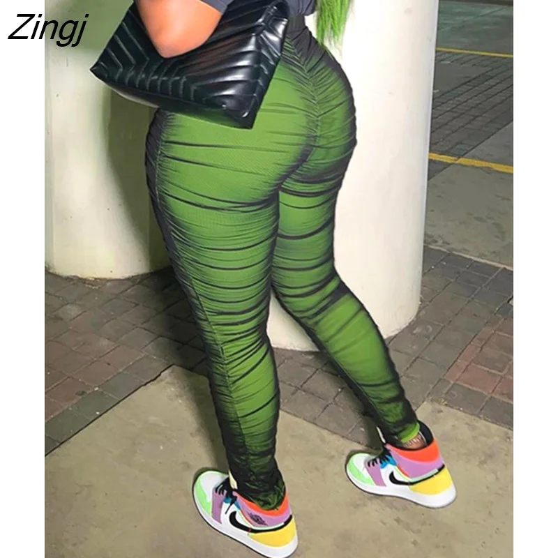 Zingj Fall Mesh Patchwork Pants For Women Streetwear 2022 High Waist Skinny Pencil Pants Ladies Green Casual Long Trousers