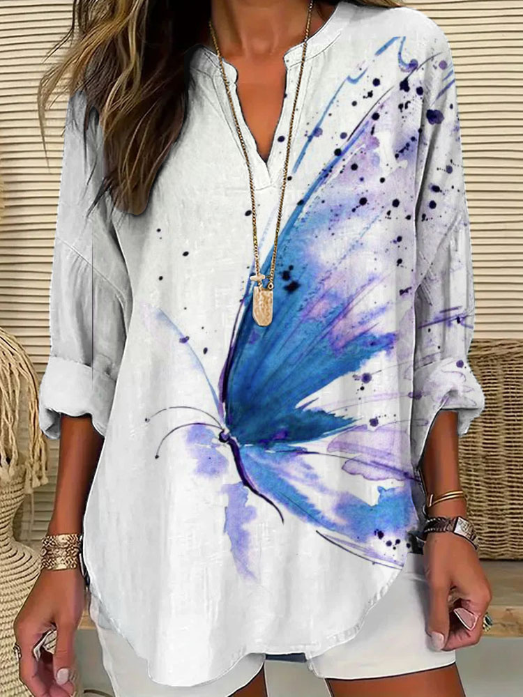 wearshes Women's Casual Watercolor Butterfly Cotton Blend Print T-shirt