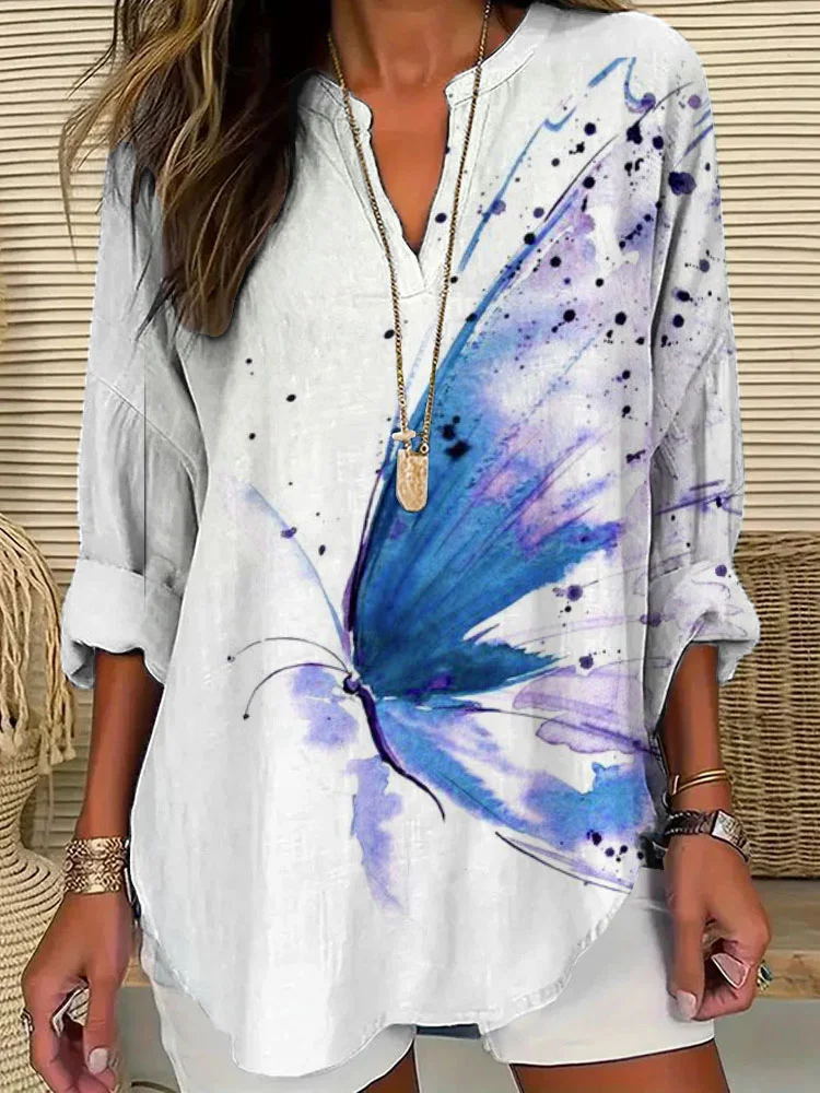 Women's Casual Watercolor Butterfly Cotton Blend Print T-shirt